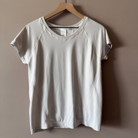 Women's L Athleta Fitted White Blue Tiny Stripes Athleisure Shirt - Picture 2 of 6